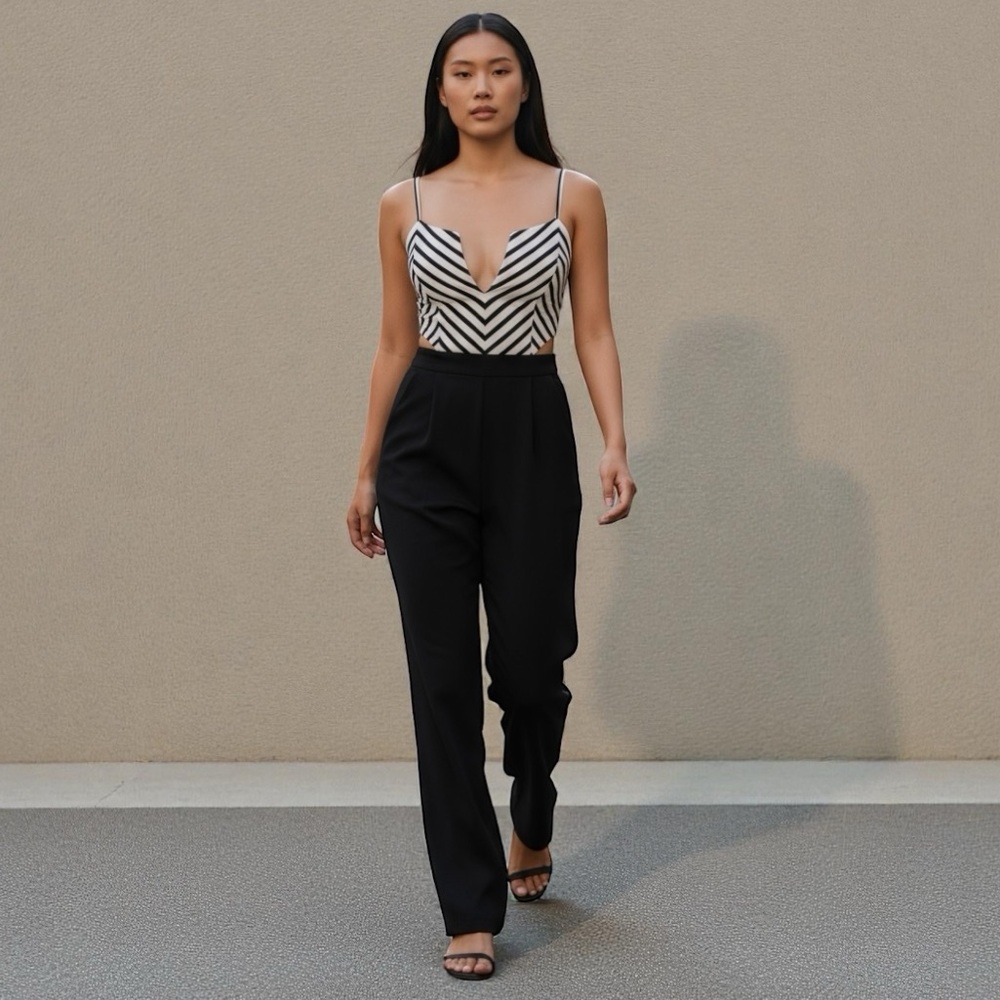 Papaya  Jumpsuit With A chevron Top And Black Pants, Sleeveless V-Neck, Cut Outs